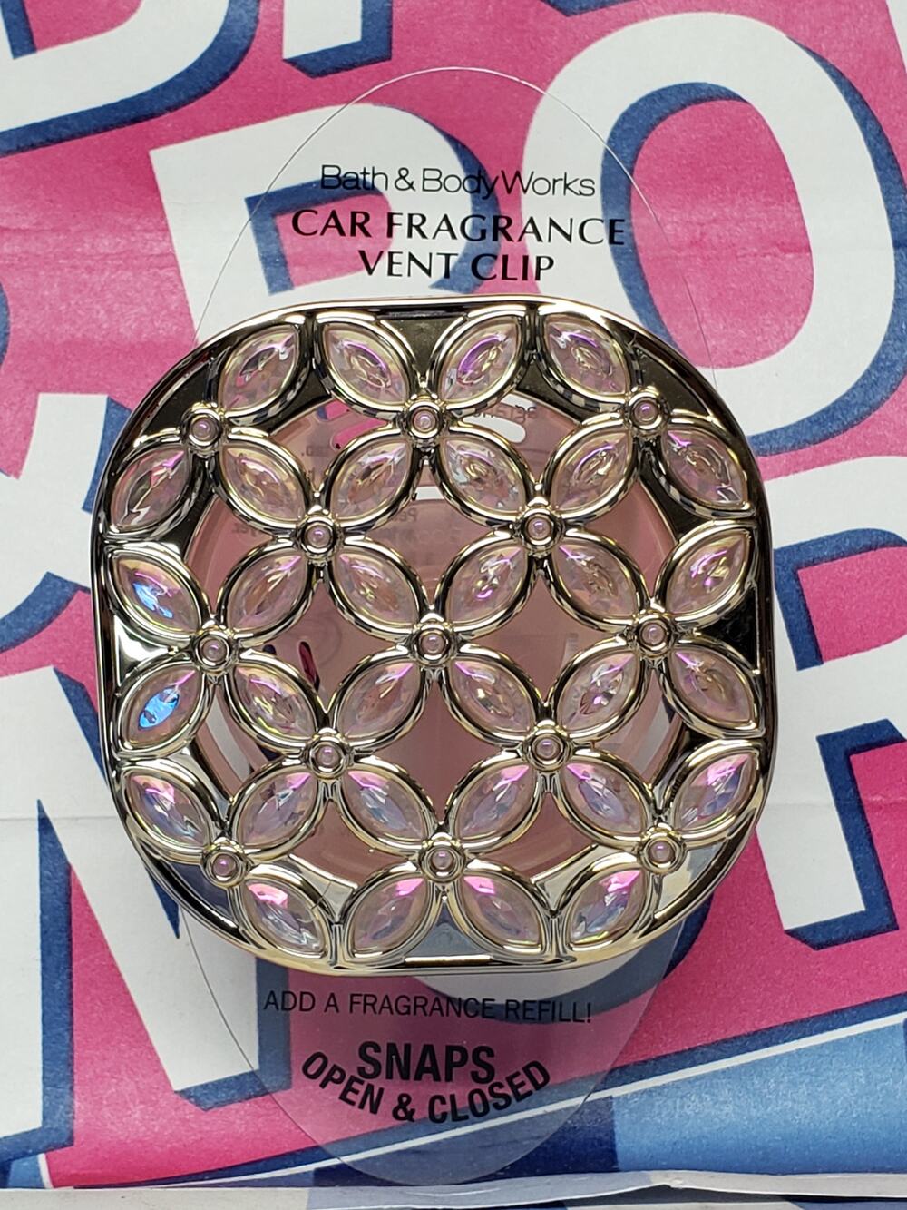 BBW Gold Gem & Pink Iridescent Flowers Vent Clip Car Fragrance Holder Decor